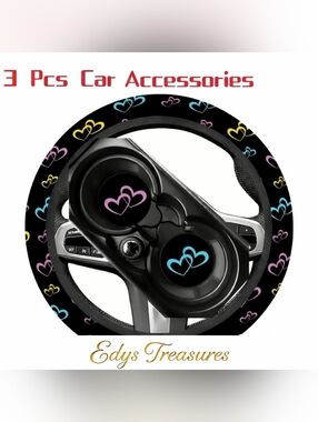 3pc Cute Heart Car Accessories Set Steering Wheel Cover + Cup  Inserts NWOT